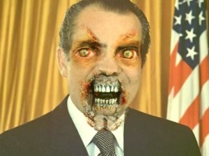 Lo riconoscete? No? E' R. NIxon prima del water gate. Così, ritraendolo da zombie cercavano di farlo a pezzi mediaticamente. Con Trump avevano iniziato prima del voto...