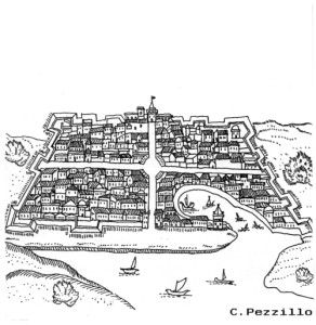 Una ricostruzione assonometrica della pianta. Sono arrivati gli spagnoli (1513 incoronazione di Carlo V, restarono fino alla pace di Utrecht 1713: si riconoscono i 2 nuovi assi viari Corso V.E e v. Maqueda.