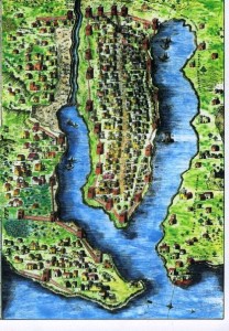 Una riproduzione ideale di come si presentava il territorio su cui sorse Palermo "Tutto porto". In uno dei due alvei della cala sfocia uno dei due fiumi storici: Papireto e Kemonia.