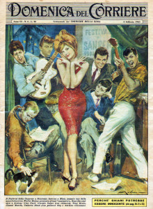 La Domenica del Corriere fu lo specchio del costume nazionale fino al dopoguerra. In questa "recente" copertina si riconoscono, Gaber, Mina e Celentano 