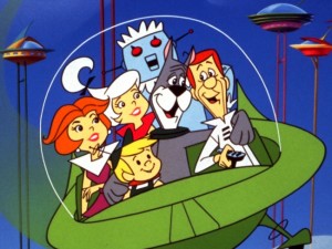 George Jetson, il capofamiglia, lavora alla fabbrica di astronavi del Signor Cosmo G. Spacely, un nanetto severo e irascibile. Jane, sua moglie, decisa ed energica, controlla la vita familiare. Hanno due figli: Judy, stereotipo di teenager più preoccupata dei propri vestiti che dei compiti di scuola, ed Elroy, il primo della classe, un genio nelle materie scientifiche. Rosie, il robot casalinga, è un modello fuori produzione, ma i Jetson le sono troppo affezionati per rottamarla. Infine, Astro è il cane di famiglia, un danese pasticcione ma amatissimo da tutti, e anche il piccolo Orbitry che diventa il migliore amico del danese. È ambientato intorno all'anno 2063. 