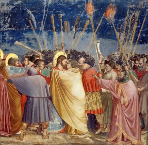 Ancora Giotto (Cappella egli Scrovegni): il tradimento di Giuda. Tutte la confessioni cristiane considerano la resurrezione il momento saliente del messaggio di Gesù e la prova che egli vuol dare del suo impegno per l'umanità. Per un vero Dio morire e risuscitare è solo un gesto. Per un Dio - Uomo significa essersi sottoposto alla condizione umana ed alla sofferenza che conduce alla vittoria sul Male.