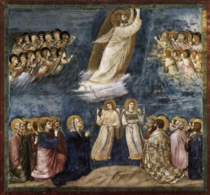 L'Ascensione di Cristo in Giotto. L'eccelsa arte del "pastorello", che non poteva conoscere la prospettiva, si incrocia con una fede che echeggia quella di San Francesco di cui lui ebbe notizia. Il risultato artistico è tale che anche l'errore nella costruzione complessiva dell'immagine sembra ...voluto.