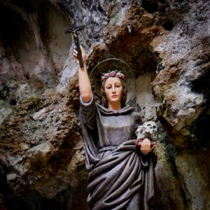 Così, con tutto il realismo delle rappresentazioni dei santi cattolici, la statua, ecco Rosalia Sinibaldi riprodotta in di gesso e cartapesta a colori naturali come s'immagina apparve al cacciatore e gli disse di tornare Palermo guarita alla peste...