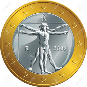 Sarà"lui" il colpevole? l'aggravante che l'UE non è né una nazione, né uno stato? Tutto ciò che fa è ibrido.E' nuovo. Per farlo ben occorrerebbero dei geni come Leonardo. Dove sono? ...Italian money gold coin euro with the image of Vitruvian Man by Leonardo da Vinci.