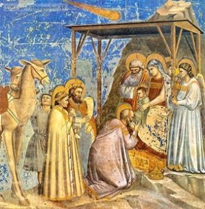 La cometa di Halley è anche quella che compare nell’Adorazione dei magi dipinta da Giotto nella Cappella degli Scrovegni a Padova. Il pittore l’osservò al suo passaggio nel 1301 o nel 1302 e la raffigurò con notevole realismo.
