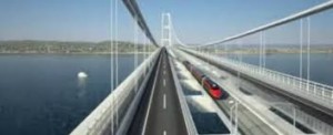 Il Ponte sullo Stretto in una visione assonometrica che illustra la futura realtà.