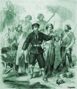 La Masa guida i suoi volontari nel maggio 1860 a Palermo. Da una stampa dell'epoca.