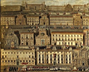 Un famoso dipinto della Palermo che fu: ritrae, sovrapposti su prospettive immaginarie, il percorso della la processione nei pressi della Cattedrale del Palazzo Reale.