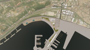 In pianta l'area destinata al turimo nutico e al diporto prsenta di spaz attorno all'ex sopttoflutto che dà vita a du moli trapezoidali, soaziosi come due banchine diriva 