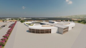 Un primo renderig di una delle zone coperte. Riteniamo vi trovi posto la Club house.
