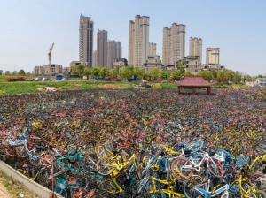 Presso una moderna città. altro cimitero. Sono le bicvi in disuso dicui i cinesi si liberano. Si sono ricordati che ...sonostate inventate le aytomobili le moto.